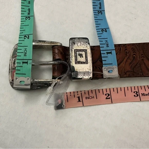 Tooled Leather Belt Brown with Silver Very Distressed Etched Hardware Never Worn - Picture 7 of 10